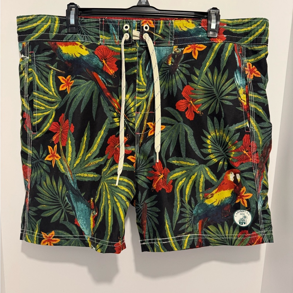 Caribbean Joe Black and Green Board Shorts with Tropical Design Size M